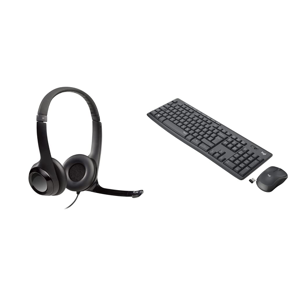 Logitech H390 Cuffie Cablate, Cuffia Stereo con Microfono Regolabile con Cancellazione del ‎‎Rumore & MK295 Kit Mouse e Tastiera Wireless – Tecnologia SilentTouch, Tastierino Numerico