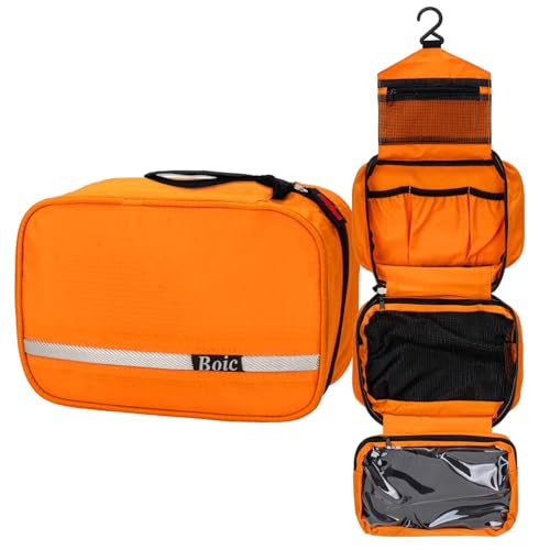 Boic Neceser De Viaje, Neceser Colgante Grande para Hombre Y Mujer, Bolsa De Aseo Impermeable, Neceser Plegable con 4 Compartimentos Accesorios De Baño (Orange)