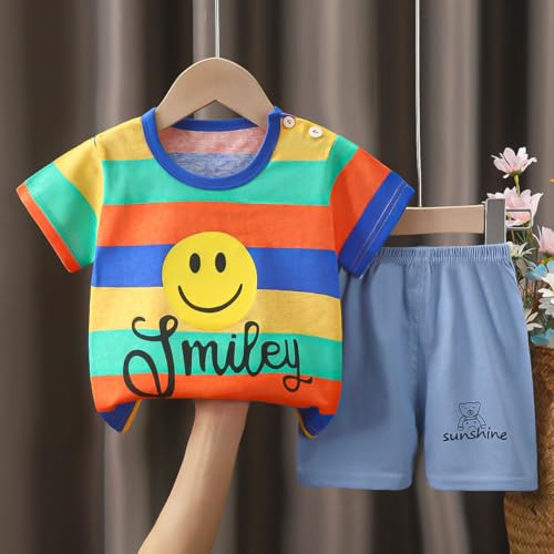 Image of Bold N Elegant Kids Cartoon Stripe Print Cotton Cute Half Sleeve T-shirt and Shorts Clothing Set for Infant Toddler Baby Boy Girl