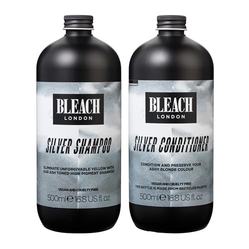 Bleach London Silver Toning Shampoo and Conditioner, Ashy Purple Colour Correcting Set for Light Bleached Blonde Hair, Cleanses, Nourishes and Removes Brassy Yellow Tones 2 x 500ml