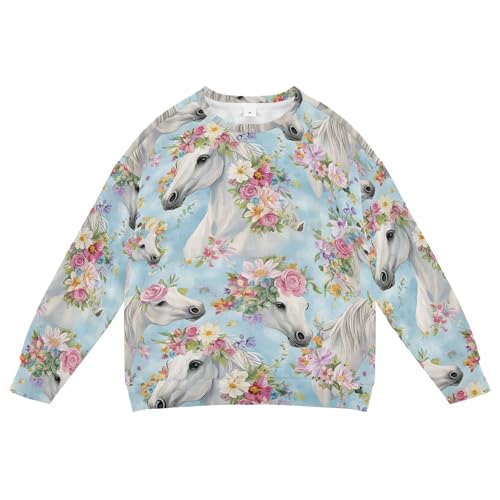 JUNZAN Flowers Horses Blue Little Boys Sweatshirts Hoodies Fleece Outerwear for Kids Sports 4T