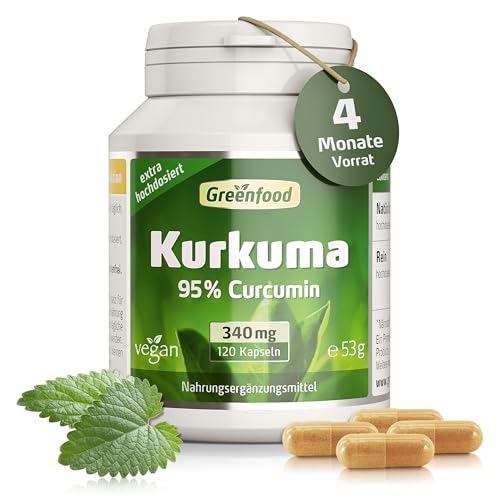 Kurkuma Kapseln, extra hochdosiert, 340mg - 120 Kapseln, vegan. Kurkuma Wurzel-Extrakt - mit 320 mg reinem Curcumin pro Kapsel. OHNE künstliche Zusätze - laborgeprüft. Von Greenfood.