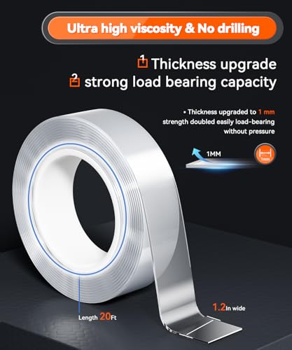 Cosygo Strong Heavy Duty Double Sided Tape, 1.2" x 20FT Extra Large Clear & Tough Removable Nano Filament Tape for Wall Hanging Strip Poster Deco Rug — view 5