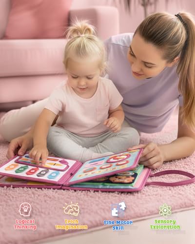 Image of Pink Montessori Busy Board for Toddlers,8-Page Sensory Activity Book for Fine Motor Skills & Basic Dress Learning, Portable Travel Toy for Preschool Kids, Portable Travel Gift for Preschool Girls