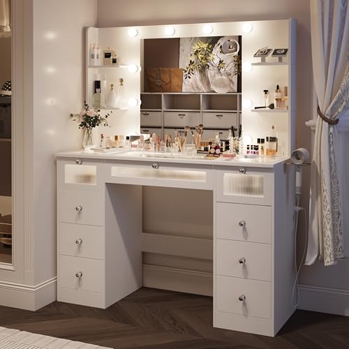VQRhome White Vanity with Lighted Mirror, Glass Top Vanity Desk with 9 Drawers & 3 Color Hollywood...