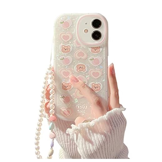 Fycyko Compatible for iPhone 12 Case Cover Cute Women,Bear Love Heart Pattern with Pearl Strap Bracelet Chain Sparkly Phone Case Camera Protect