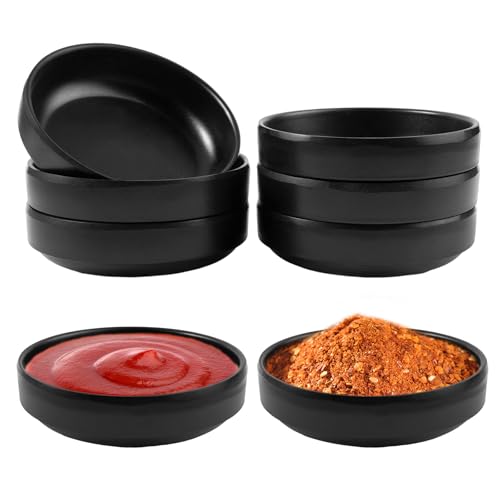 PetGlimmer 6 Stück Schwarz Dip Schälchen Set, Schwarz Rund Sojasauce Schälchen, Mini Rund Dip Sojasauce für Dips, 8.7 cm x 2 .5 cm Klein Sushi Schüssel, Mini Dipschale für Saucen Dips Gewürze Snacks