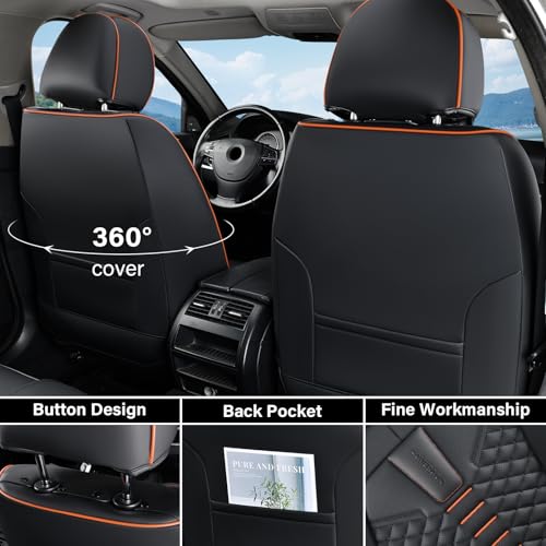 Image of Coverado Leather Seat Covers, Car Seat Covers Full Set, Nappa Leather Seat Covers for Cars, Car Seat Protectors Waterproof, 5 Seats Black&Orange Automotive Seat Covers Fit for Most Cars Trucks