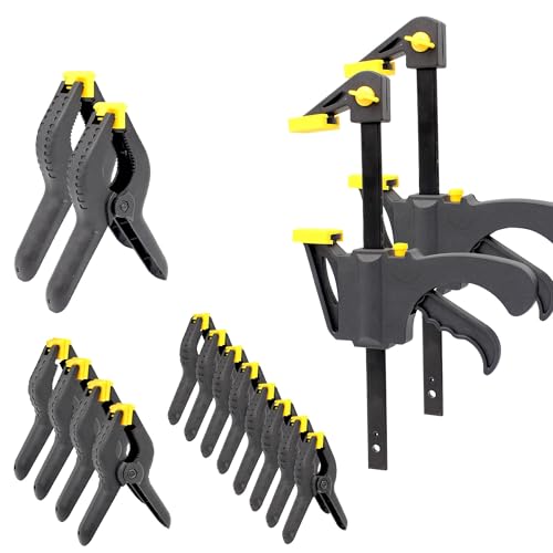 FISHTEC - Kit Complet de Serrage pour Travaux Bois 16 Pièces : 14 Pinces à Ressorts (3 Tailles) + 2 Serres-Joints Ouverture Rapide Idéal Bricolage, Ateliers, Serrage, Collage, etc.