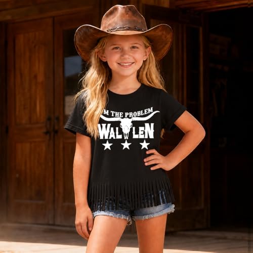 Image of Girls Western Shirt Toddler Tassels Cowgirl T-Shirt Im The Problem Country Concert Shirts Summer Short Sleeve Top