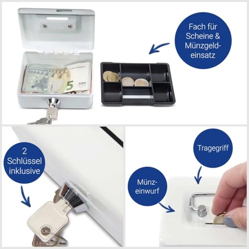 MAUL Geldkassette aus Stahl | 12,5x9,5x6,1cm | Kasse mit Münzeinwurfschlitz | Geldkassette abschließbar und tragbar | geeignet als Spardose, Kaffeekasse, Sparkasse, Trinkgeldkasse | Weiß