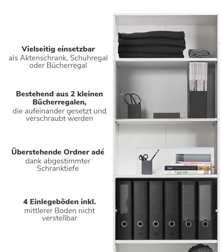 mokebo® Bücherregal weiß aus Holz 'Der Bücherwurm', Schuhregal, Holzregal, Aktenregal Standregal fürs Wohnzimmer, Büro, Kinderzimmer, Regal groß für die Wand mit viel Stauraum, 60cm Breite