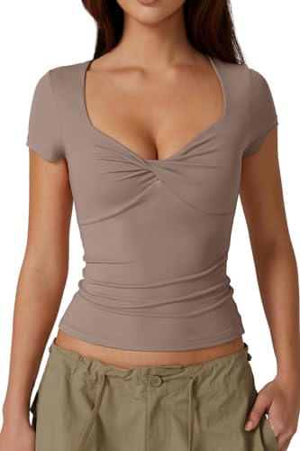 QINSEN Women's Sexy Twist Front V Neck T Shirts Double Lined Short Sleeve Crop Top Trendy Y2K Going Out Tops Mushroom S