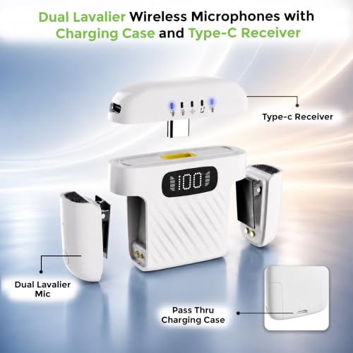 Image of ULTRAPROLINK Sonic Vibe | Dual Wireless Lavalier Collar Mic with Charging Case |Type-C Receiver |ANC & Echo| 15H Use Time, 164' Ft Range for YouTube, Vlogs, Podcasts| UM1215| White