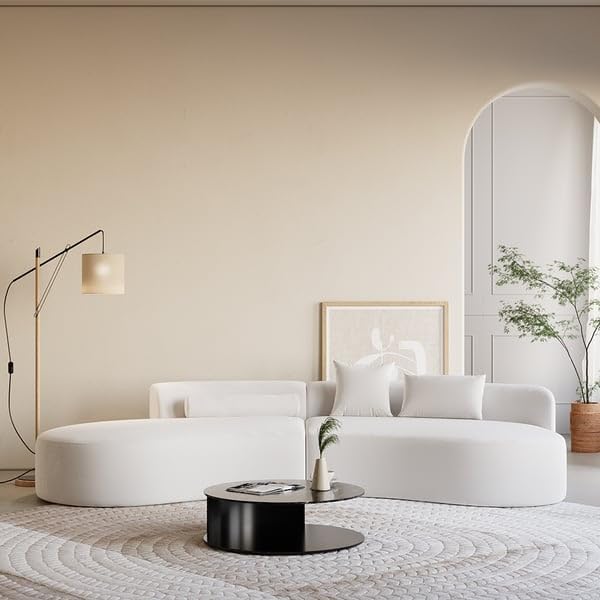 Image of Modern Style Curved Sectional Living Room, Minimalist Comfy Velvet Fabric Modular Sofa for Apartment, Home Office, Cream