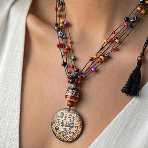 Image of AAKRITI ART CREATIONS Boho & Tribal Handcrafted Necklace Collection | Jute, Wooden & Brass Pendant Designs | Ethnic Collar, Loop & Statement Jewelry for Women | Artisan Festival & Everyday Wear