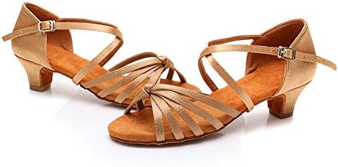 HROYL Women's Satin Latin Dance Shoes Low Heel Ballroom Salsa Tango Performance Dancing Shoes EM-XGG Beige 8 B(M) US | Image 7
