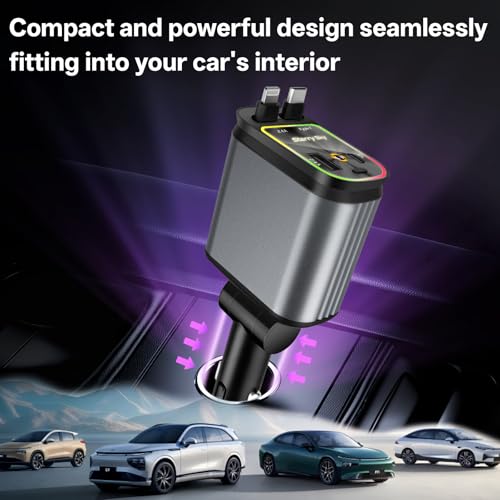 Image of BERTHALESS Retractable Car Charger, 4 in 1 Fast Charging Car Charger USB-C & USB-A Compatible with iPhone 16 /15 /14 /13 /12 /11,Galaxy,Pixel,with Red Starry Sky Light