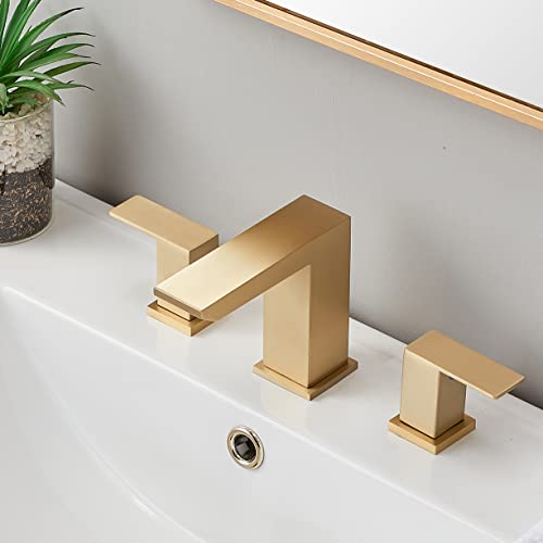 HOTIS HOME Brushed Gold Bathroom Sink Faucet, 3 Hole Waterfall Bathroom Faucet, 2 Handle Vanity Bath Faucets, Modern Bathroom Faucet with Supply Hoses and Drain, HT-BF301 by HOTIS HOME - Used condition - US$29.99