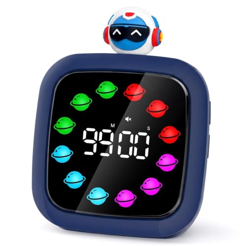 Image of Yunbaoit Digital Visual Timer for Kids, 99-Minute Countdown, Rechargeable | Dark Blue Protective Case, 19 Music Alarm, Pause Function, 9 Optional DIY Color Planet Display, Robot Doll, for Homeschool