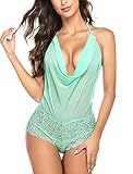 Avidlove Women Lingerie Lace Teddy One Piece Halter Mesh Bodysuit Babydoll Green