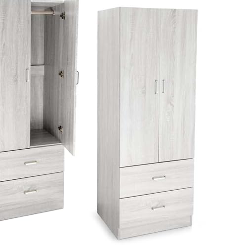 MA MAISON Armadio Guardaroba 2 Ante e 2 Cassetti - Mobile in Legno Truciolare, Classico, Camera da Letto, Cabina portabiti, Appendiabiti, Capiente, Organizzatore Multiuso - 60 x 42 x 180 cm