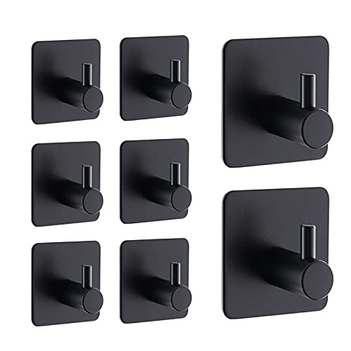 Geahod 8 Stück Handtuchhaken ohne Bohren, Selbstklebende Wandhaken Edelstahl, Rostfreie Kleiderhaken matt, Wasserfeste Bademantelhaken für Bad und Küche, Schwarz Cover