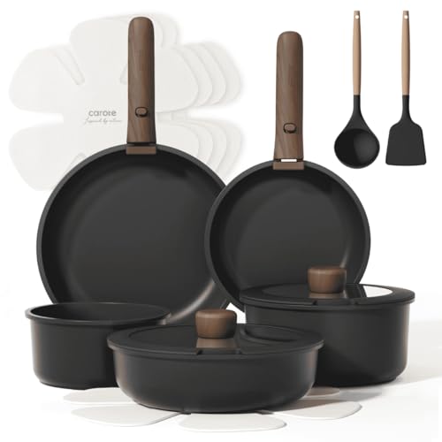 Carote 15 Pcs Nonstick Cookware Sets, Granite Non Stick Pots and Pans with Removable Handles, Oven Safe, Induction Compatible, Black