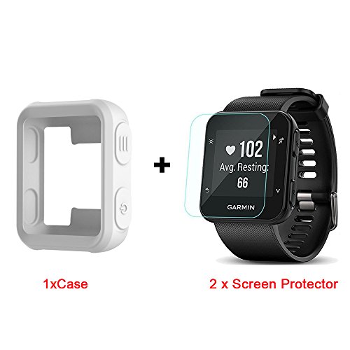 for Garmin Forerunner 35 Case, Lamshaw Silicone Case with Screen Protector (2 Pack) for Garmin Forerunner 35 Watch (White Case+Screen Protector)