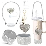 Mengayadi 6 Pcs Glitter Accessories Set For Stanley Tumbler 20&30&40 Oz，Includes 1 Diamond Handle Strap, 2 Straw Covers,1 Glitter Charms，1 Diamond Silicone Boot (White)