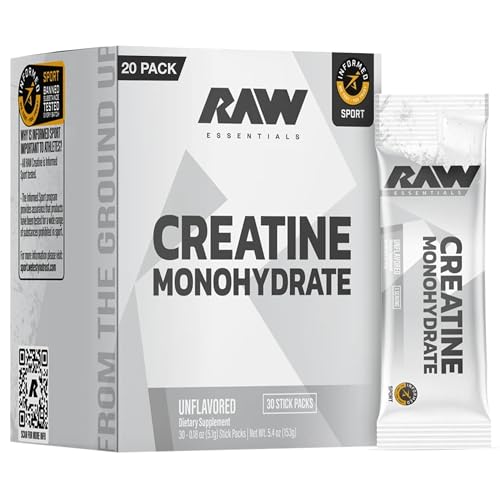 RAW Creatine Monohydrate to-Go Stick Packs, Unflavored – 5g Micronized Creatine Per Serving –...