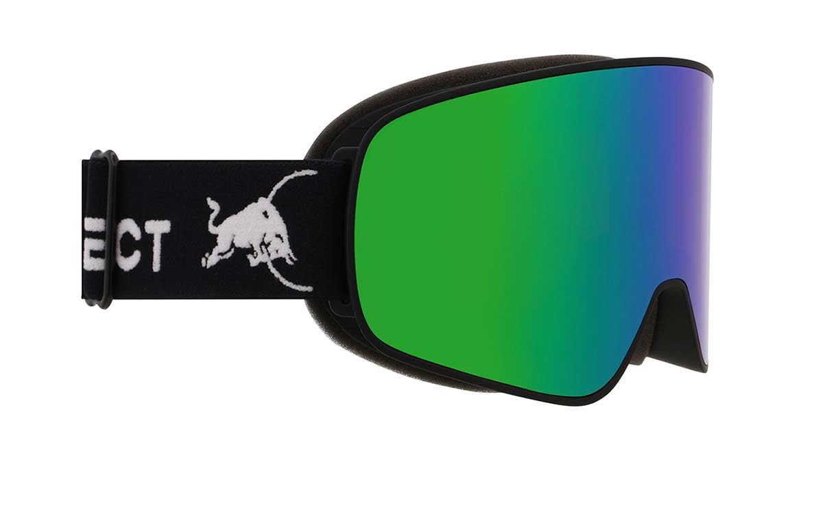 Red Bull SPECT RUSH 18GR3 Occhiali da sci – Nero opaco con lenti a specchio marrone/verde, unisex, 100% protezione UV, anti-appannamento e anti-graffio, compatibile con casco