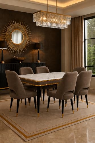 Image of WOODEN SPACE 6-Seater Wooden Dining Table Set | Nano Composite Marble Top | Solid Wood Base | Modern Dining Room Furniture with 6 Chairs (Brown Vintage)
