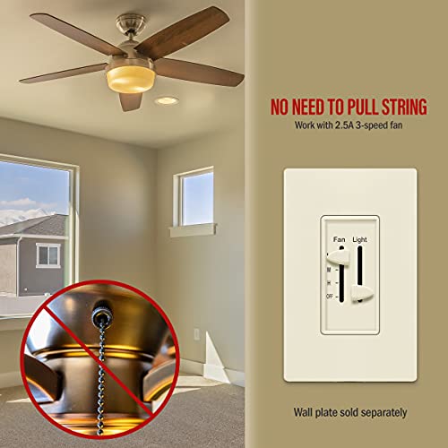 Enerlites 3 Speed Ceiling Fan Control And Led Dimmer Light Switch, Light And Fan Combination Switch, Single Pole, 2.5A, 300W Incandescent, No Neutral Wire Required, 17001-F3-La-F, Light Almond #TOP3