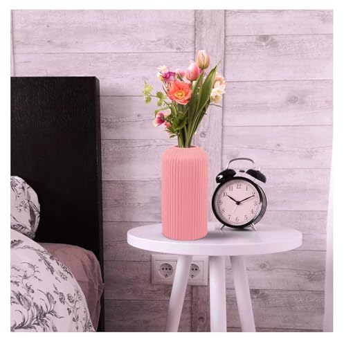 Image of SPHINX Ribbed Pipe Ceramic Vase for Flowers, Pampas Grass, or Live Plants | Decorative Home & Office Centerpiece Gift - No Flowers (Pink, 6 Inch)