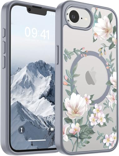 Image of VONZEE Compatible with iPhone 17e / iPhone 16e /SE4 Case, Luxury Retro Flowers Floral Clear for Magnetic Wireless Charging Case Shockproof PC+TPU Cute Glossy Shiny Cover for Girls Women, Grey