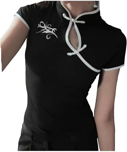 Womens Y2K Knot Button Puff Sleeve T-Shirts 2000s Slim Fit Cut Out Crop Top Stand Collar Cheongsam Blouse