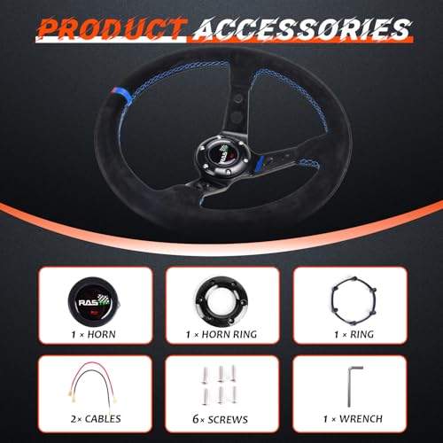 image for RASTP Universal Racing Steering Wheel Suede Deep Dish 13.58”/345mm 6