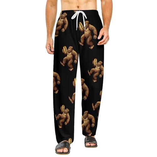 Sasquatch Bigfoot Carrying Hotdog Soft Pajama Pants Casual Lounge Pants Joggers Pj Bottoms with Pockets for Men Women