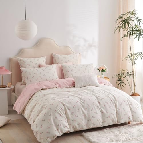 Freyamy Mädchen Bettwäsche 220x240 Baumwolle Rosa Blumen Bettwäsche Set – Ansicht 2