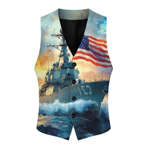 U.S Flag Warship Navy Battleship Men's Suit Vests Business Formal Dress Vest V-Neck Waistcoat for Wedding Casual4