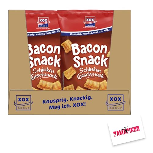 XOX Bacon Snack 100g | Knuspriger Genuss, herzhaft kräftiger Schinken Geschmack (10er pack) inkl. Zama4Zingo Karte