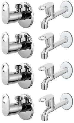 Spazio Stainless Steel Prime Angle Valve With Long Body Combo Pack Foam Flow Water Taps With Wall Flange (Pack of 4) (Chrome Plated, Brass Disc)