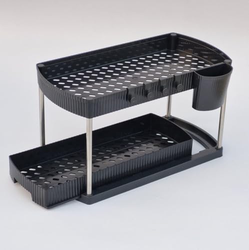 Image of JD Fresh Pack of 2 Under Sink Storage Organizer /Pull Out Cabinet Storage with Hooks & Hanging Cup /2 Tier Plastic Organiser Rack and Sliding Shelf Basket (Black)