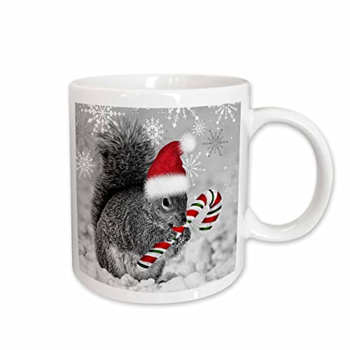 3dRose This cute Christmas squirrel has a candy cane & a Santa 15oz Mug