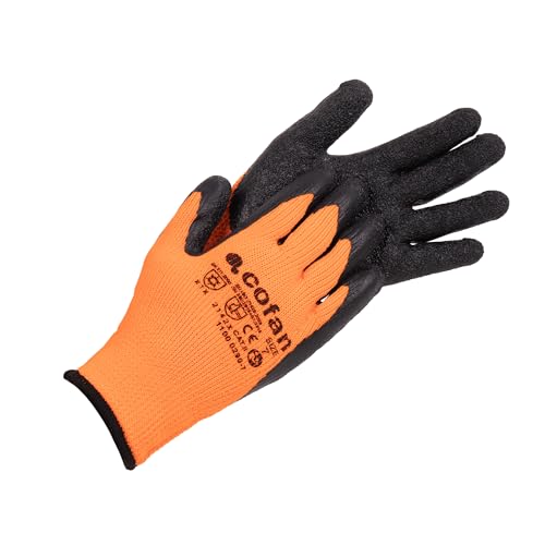 Cofan Guantes naranja flúor | Revestimiento de látex térmico | Protección mecánica y contra el frío | Pack de 12 pares o 1 par | EN 388 – EN 511 | Talla 7 | Alta elasticidad y agarre (1, 7)