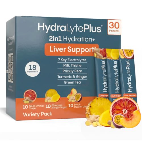 Hydralyte Plus Liver Support Hydration Packets - 7 Electrolytes with Milk Thistle, Turmeric and Ginger - Liquid Daily IV Electrolyte Powder Packets - 30 Count, Variety Pack