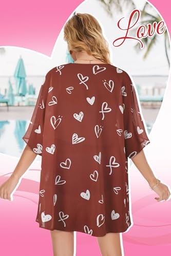 Image of Women's Valentine's Day Puff Sleeve Kimono Cardigan Loose Cover Up Casual Blouse Tops (White Red Heart,M)