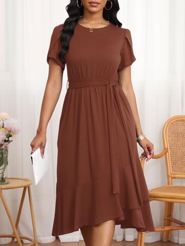 Image of PerZeal Women's Summer Dress Casual Ruffle Sleeve Crewneck A-Line Tiered Flowy Short Sleeve Long Dress with Belt
