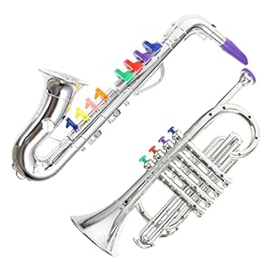 NUOBESTY Muzikale Windinstrumenten Voor Kinderen 2 Stks Metallic Silver Saxofoon en Trompet Hoorn Speelgoed Prestaties…